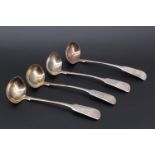 A set of four 19th Century provincial Scottish silver fiddle pattern sauce ladles, D & J Riddel,