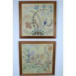 A pair of Asian influenced needlework panels, framed under glass, 53 x 53 cm