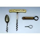 Four late 19th / early 20th Century advertising / medicine bottle corkscrews
