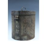 A Victorian artillery busby tin, bearing a brass plaque engraved H Soames Esq, RA