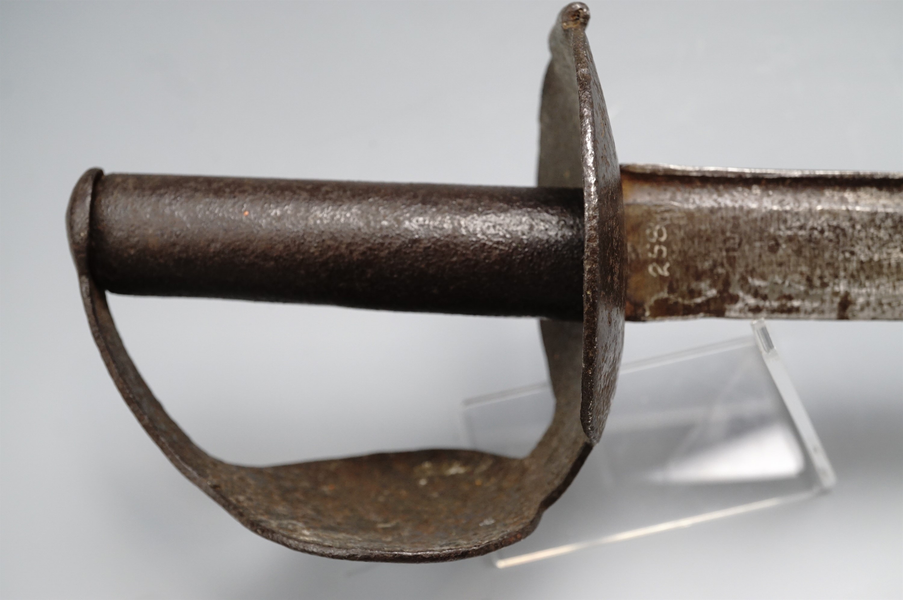 An 18th Century "double disc hilt" naval cutlass by Dawes of Birmingham, having an iron hilt, the