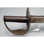 An 18th Century "double disc hilt" naval cutlass by Dawes of Birmingham, having an iron hilt, the