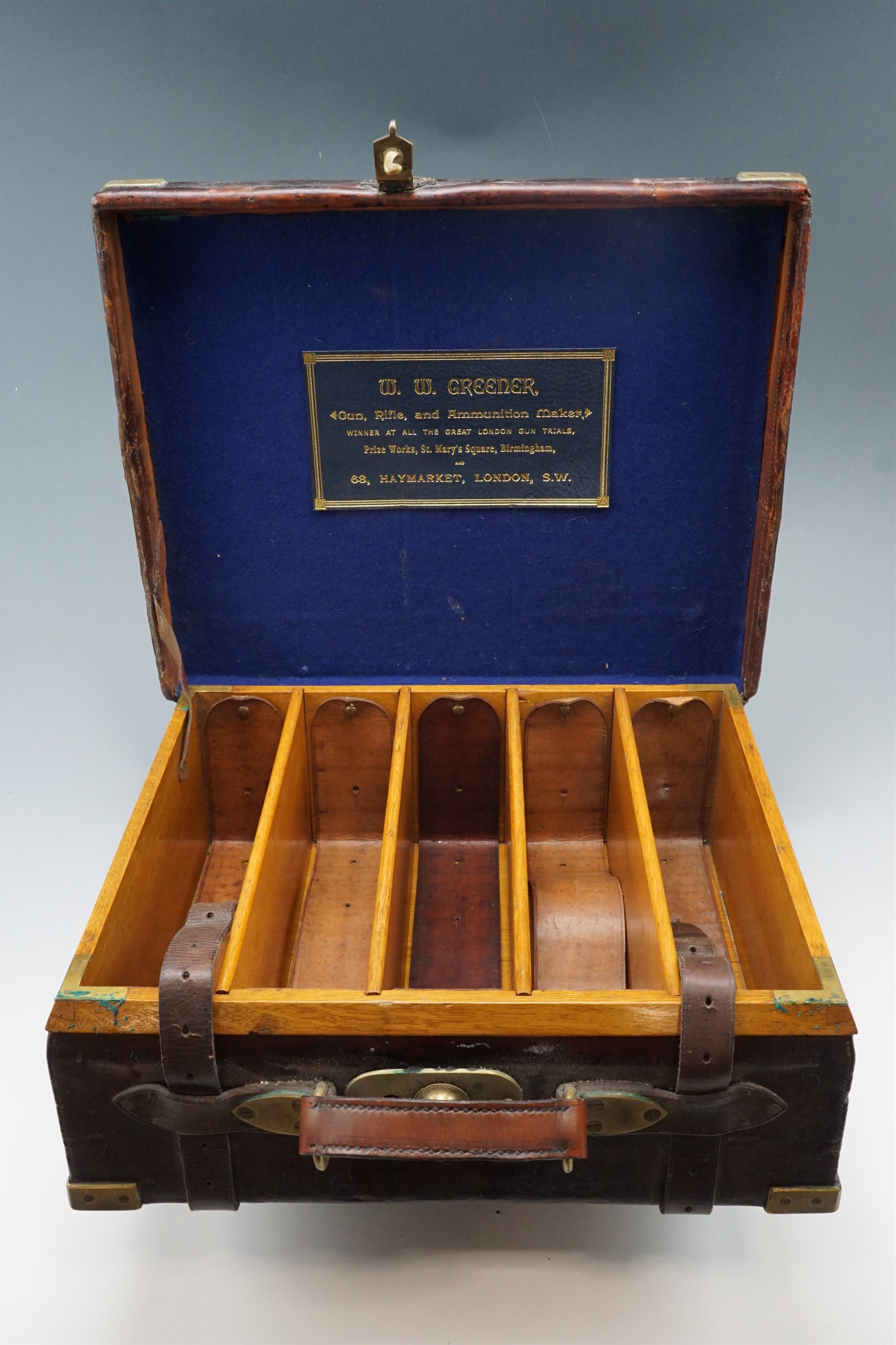 W.W. Greener, a brass bound vintage leather shotgun magazine, five compartments and makers label - Image 2 of 5