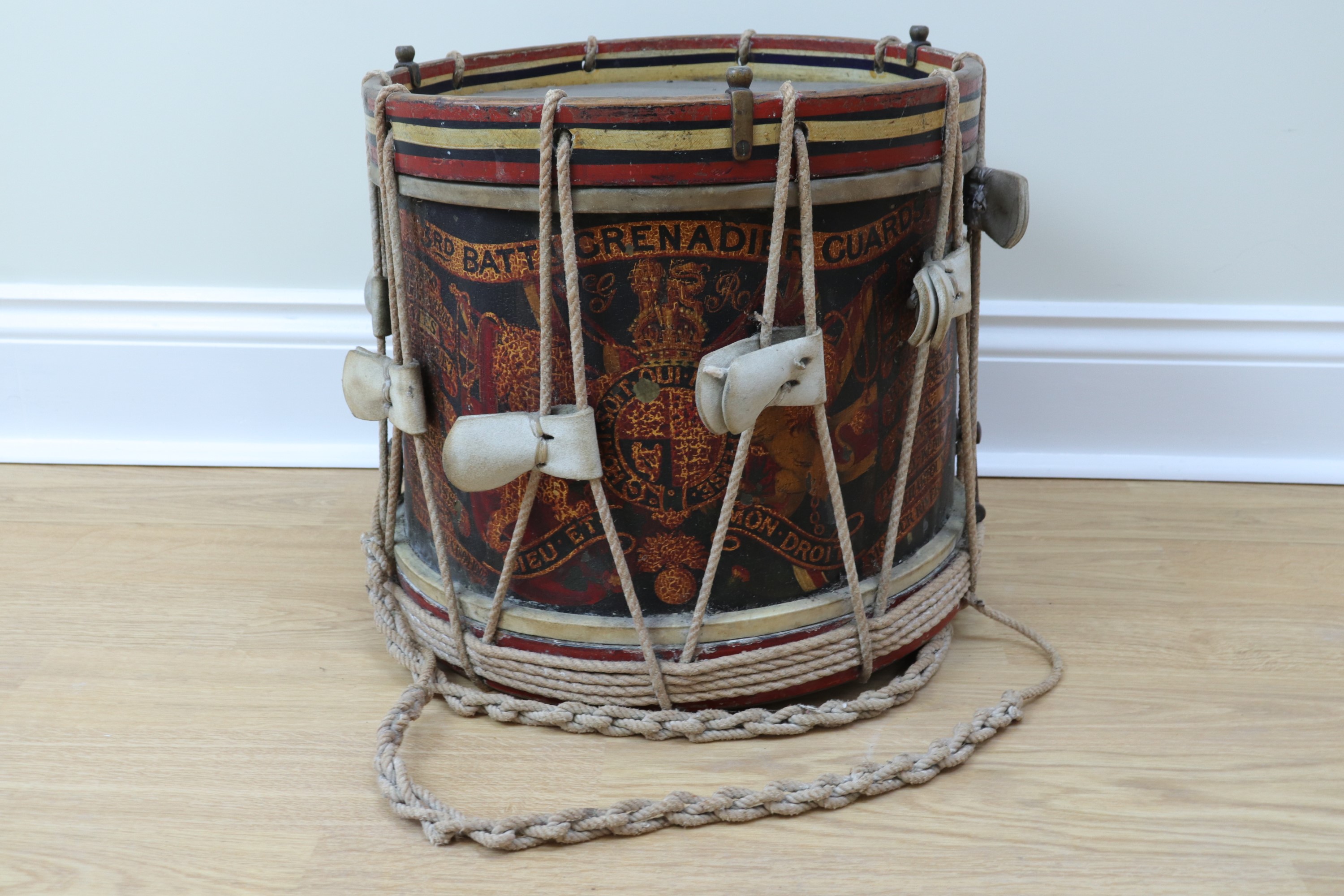 A George V 3rd Grenadier Guards side drum by Potter, the body dated 1913 and stamped "3 G G, 10"