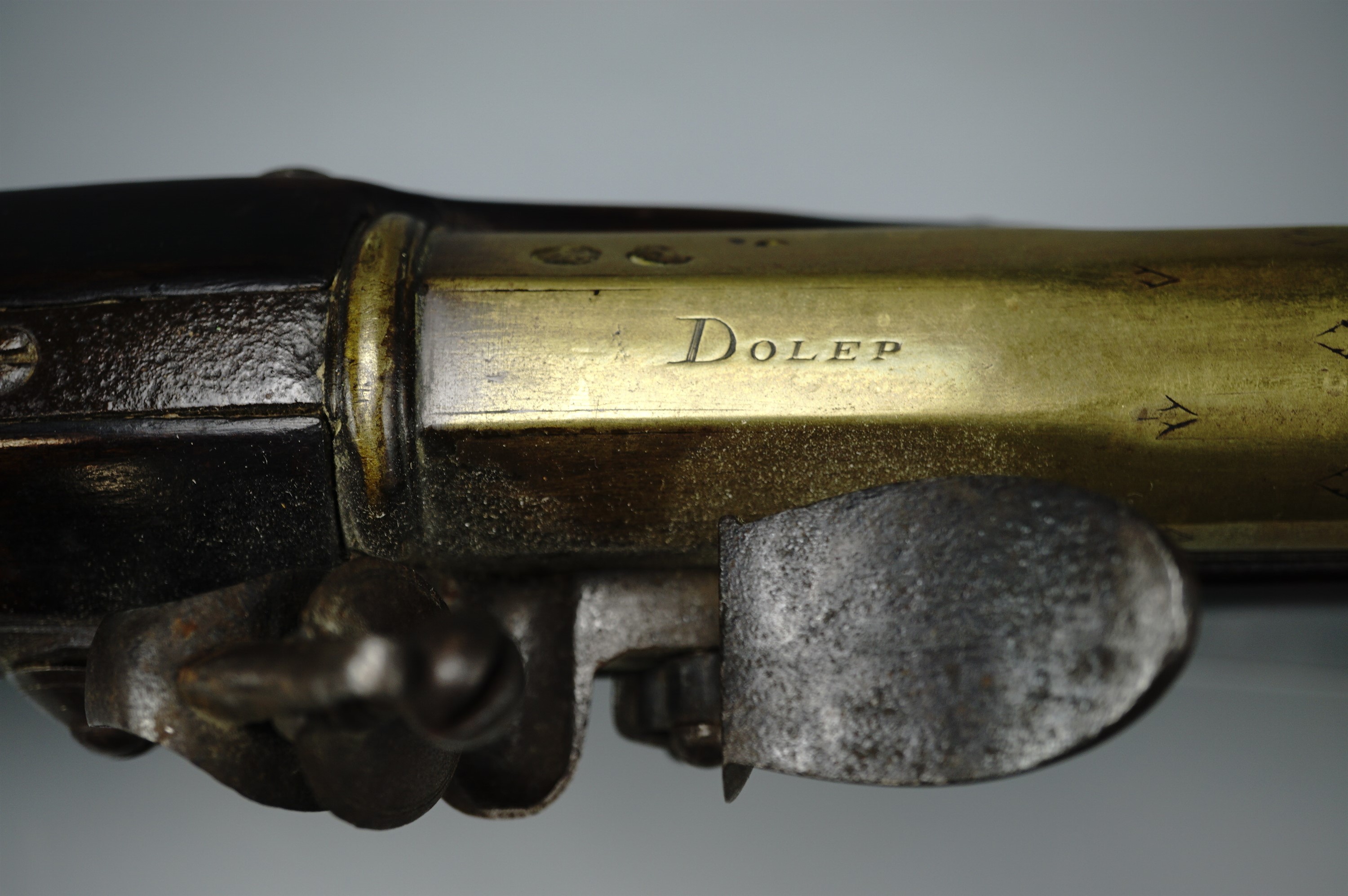 A flintlock blunderbuss by Dolep of London, having a three-sage brass barrel, polygonal at the - Image 6 of 13