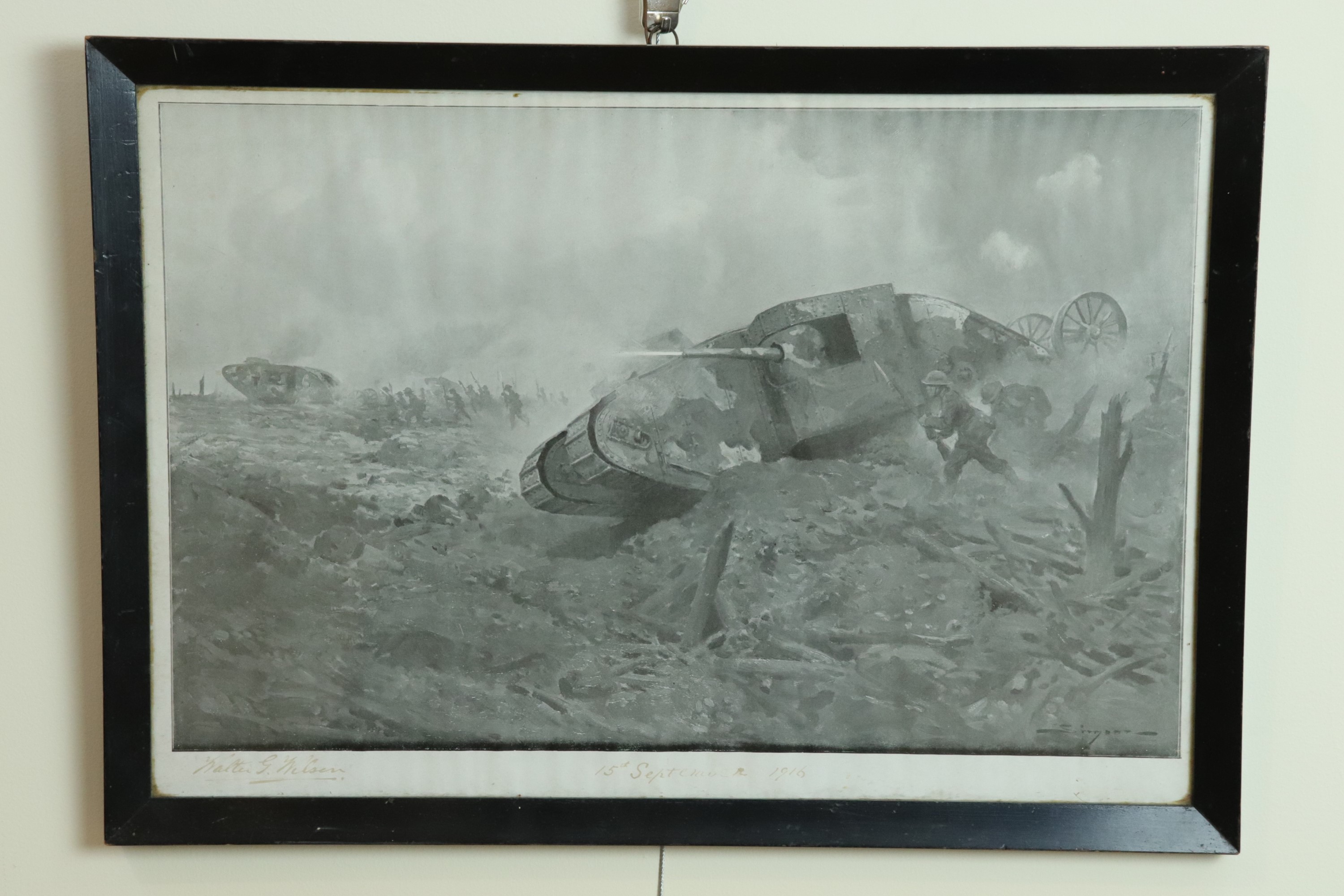 A period print depicting the first use of British tanks, during the Battle of Flers-Courcelette,