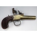 A George III flintlock brass barreled pocket pistol by Oakes of London, 15.5 cm, (a/f)