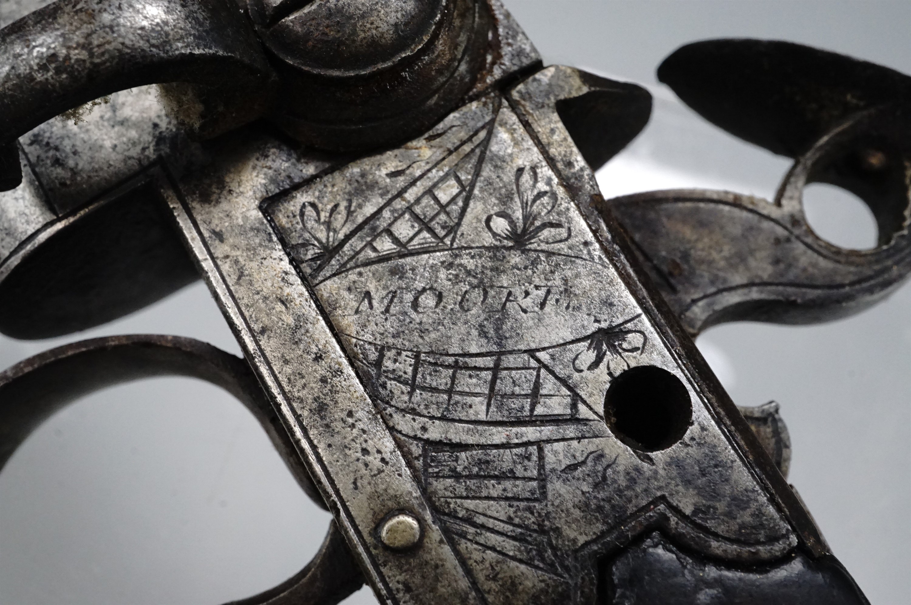 A George III flintlock tap action double barrelled pocket pistol by Moore of Chichester, 15 cm, (a/ - Image 4 of 4