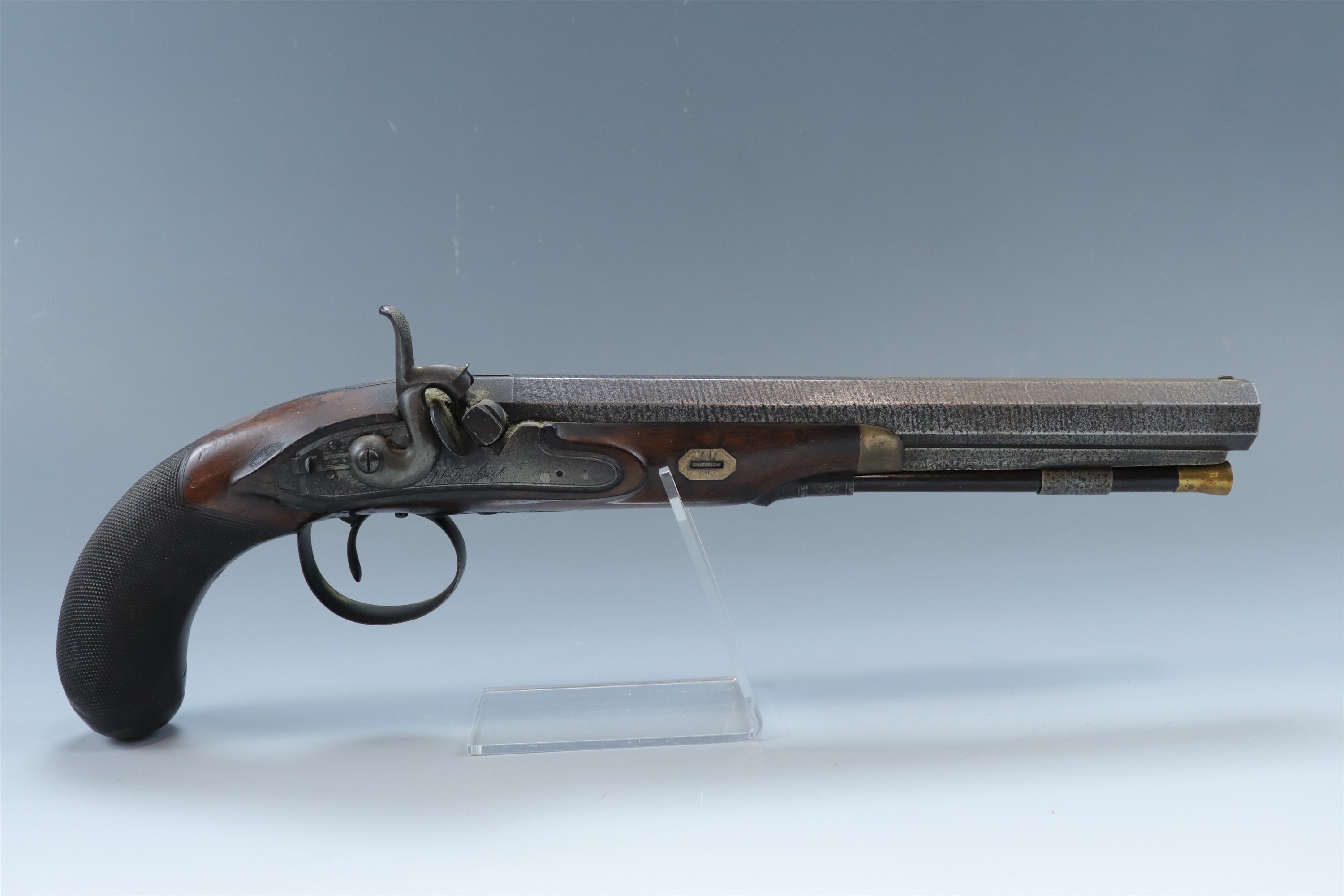 A George III target or dueling pistol by Joseph Tirebuck of London, having a 9 1/2 inch sighted