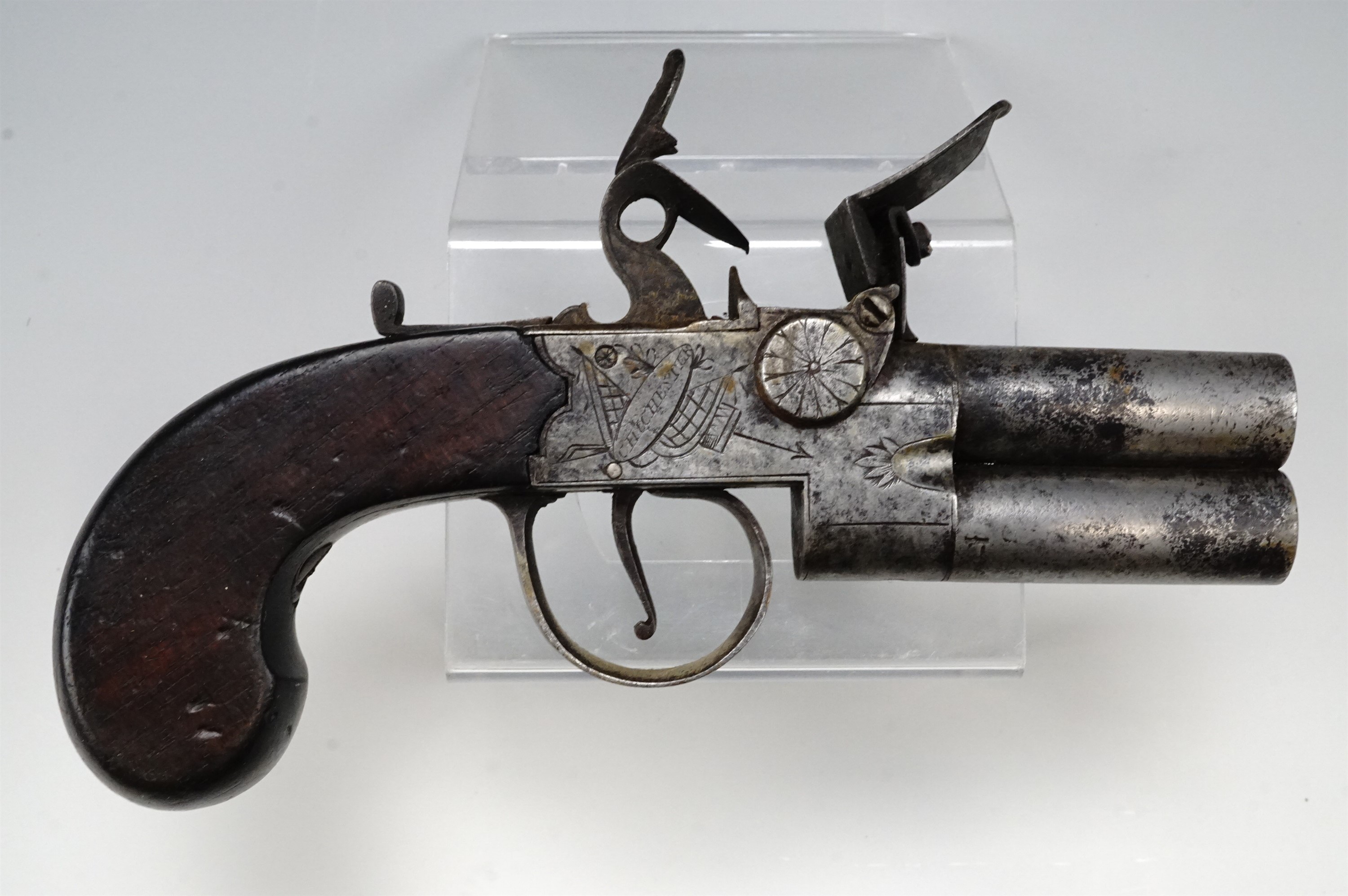 A George III flintlock tap action double barrelled pocket pistol by Moore of Chichester, 15 cm, (a/ - Image 2 of 4