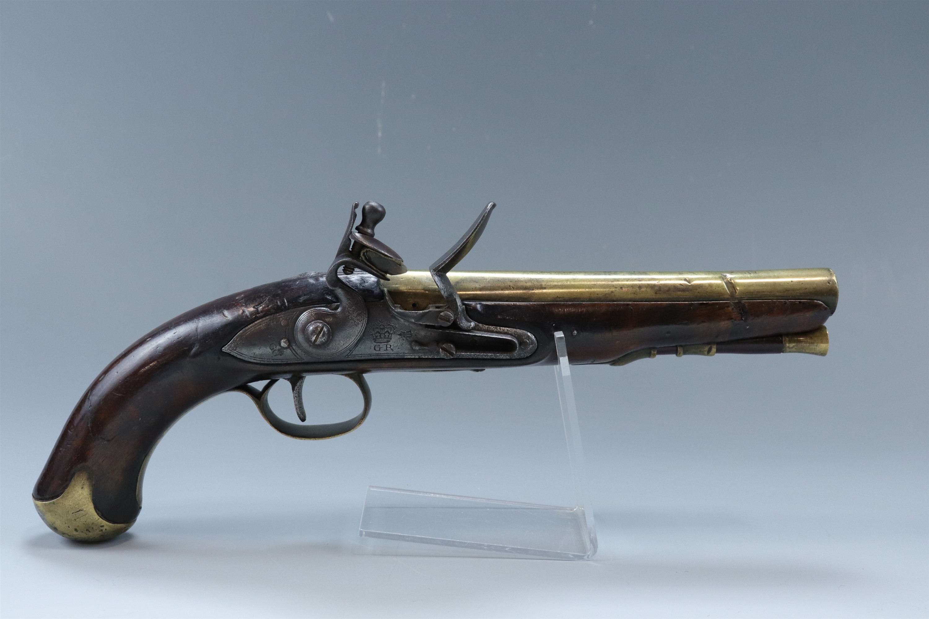 A George III 25-bore military flintlock brass-barrelled pistol by Durs Egg, as commissioned by the