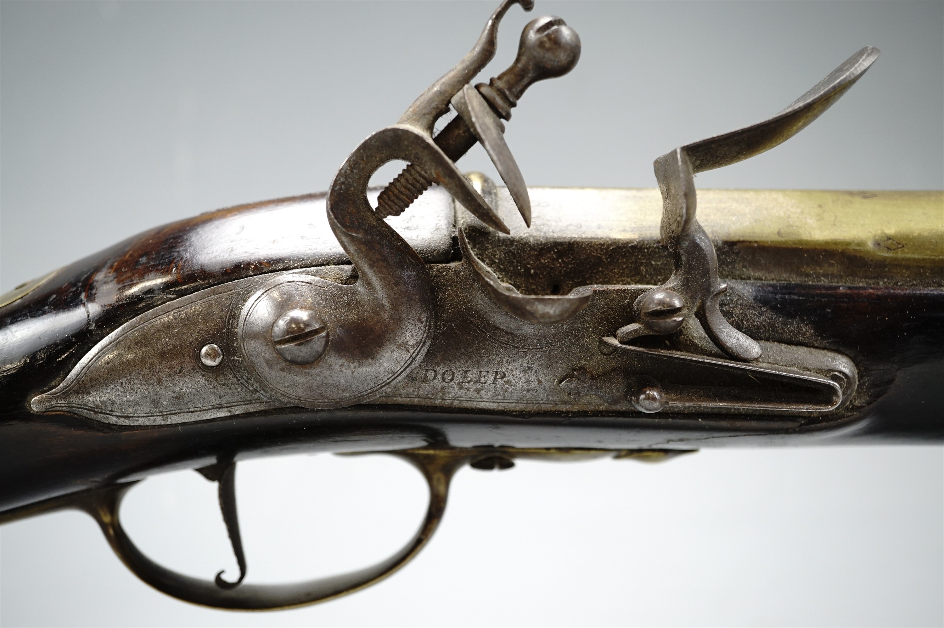 A flintlock blunderbuss by Dolep of London, having a three-sage brass barrel, polygonal at the - Image 3 of 13