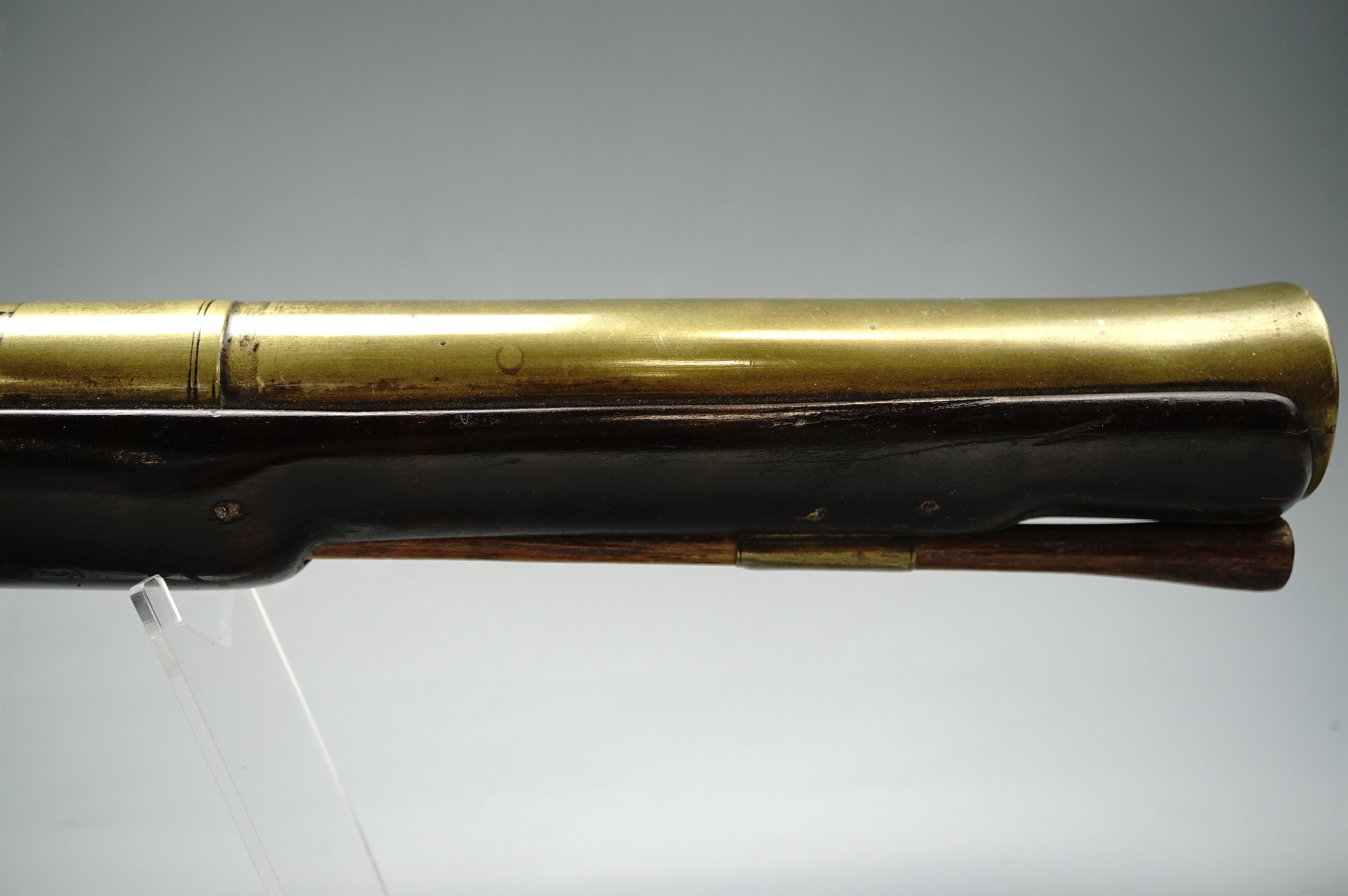 A flintlock blunderbuss by Dolep of London, having a three-sage brass barrel, polygonal at the - Image 5 of 13