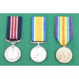 A Great War Gallantry Medal group comprising a Military Medal, British War and Victory medals to