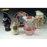 A Carlton Ware vase, a Bursley-ware Charlotte Rhead jug, a Mailing jug, a Shelley vase and an