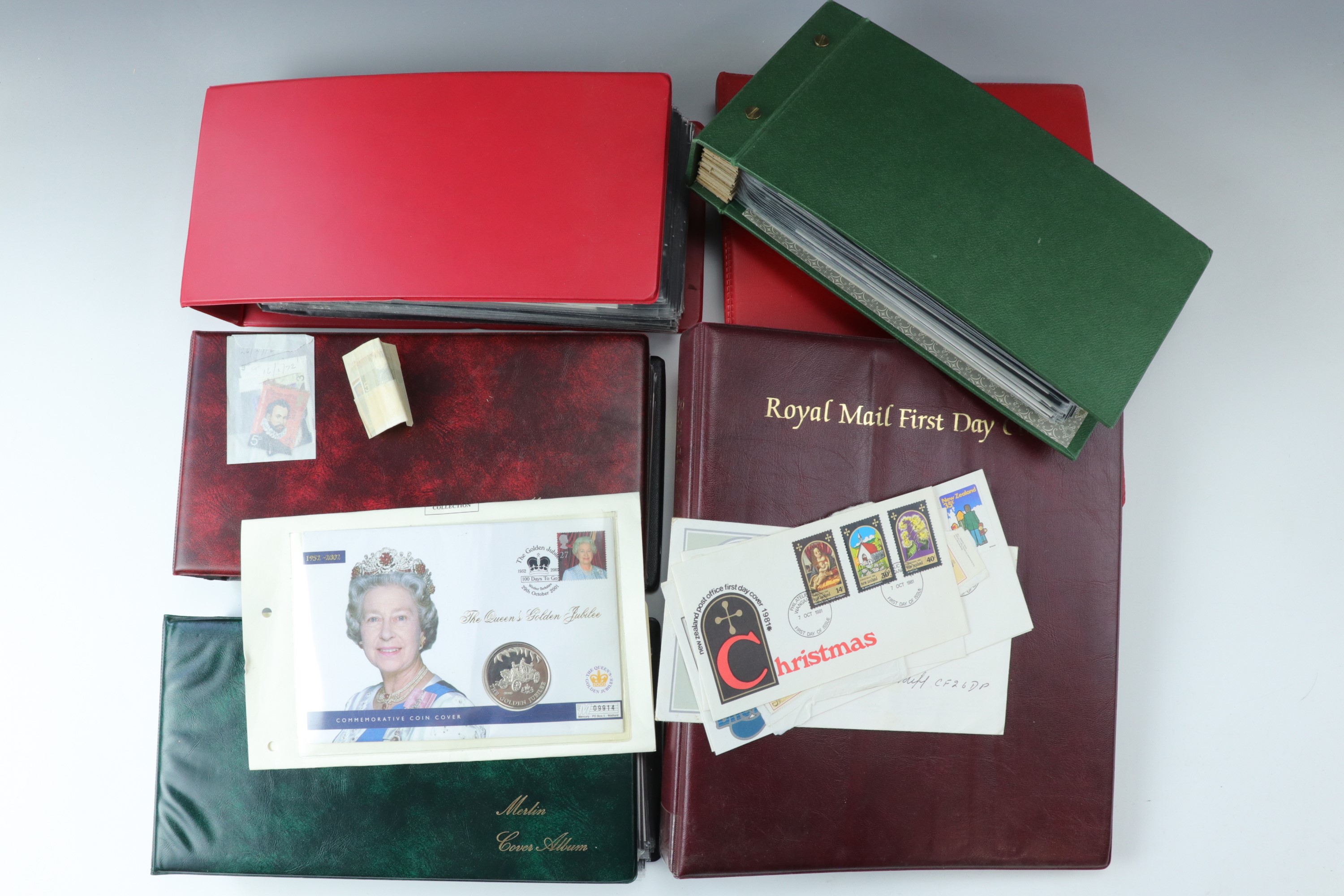 Six albums of first day stamp covers including "The Queens Golden Jubilee" commemorative coin - Image 2 of 20