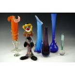 A studio glass clown , circa 1950s - 1960s, together with six studio glass vases, tallest 30 cm