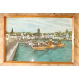 A large view of fishing boats at harbour in a coastal town, oil on board, framed under glass,