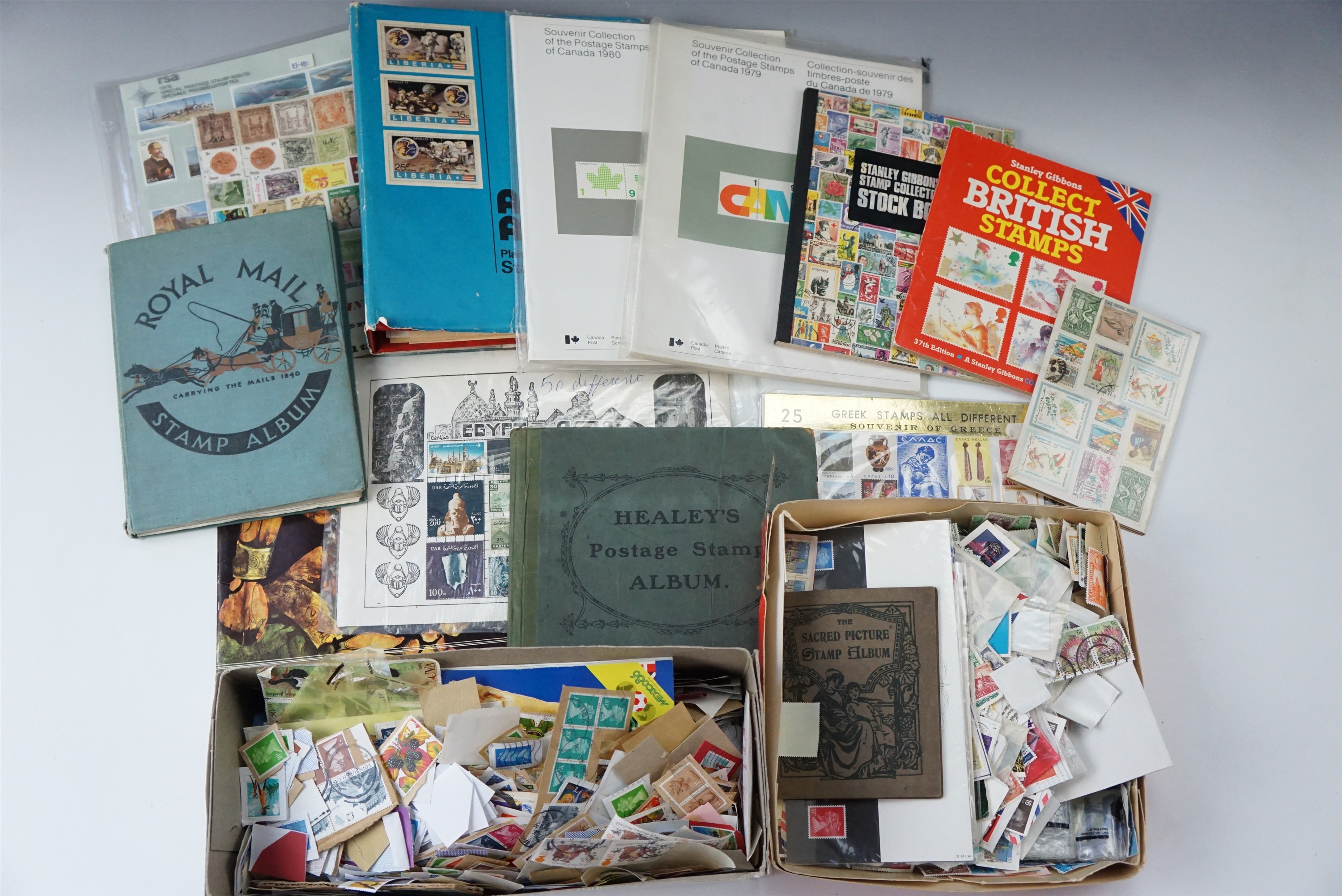 A later 20th Century stamp album, of British and world stamps, together with four part albums, two