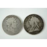 Two crown coins: Victoria 1894 and George III 1819, 54.97 g