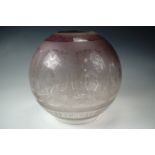 An Edwardian etched glass lamp shade, achromatising from pink to clear, 20 cm diameter x 19 cm