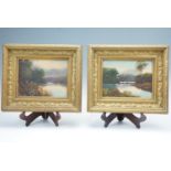 A pair of oil on boards depicting river view in oils on board, gilt framed, overall 34 x 29 cm