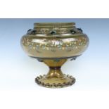 A large 19th Century European Arts and Crafts period free blown amber glass footed bowl, decorated