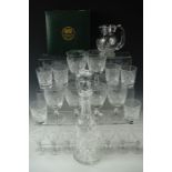 A boxed Thomas Webb crystal water jug, a spirit decanter, six large wine glasses, six tumblers and