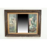 A Victorian mirror, its bevelled edge decorated in enamelled depiction of nursery scenes in an Art-