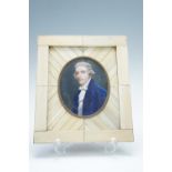 An ivory portrait miniature of a gentleman wearing a blue overcoat and cravat signed Ziegler, in a