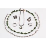 A selection of silver jewellery, comprising a jade bead necklace with gilt beads and box clasp