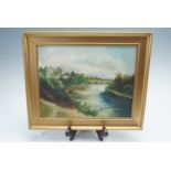 [Northumberland] River Tyne at Bywell, signed and dated "M.R. 1923", oil on artists' board in period