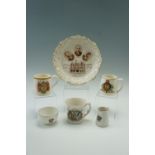 Three commemorative mugs including a 1914-1919 Peace mug, a Congleton Jubilee plate, Blackpool sugar