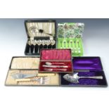 Cased electroplate fish servers, cased christening set (a/f), cased dessert spoons, boxed pastry