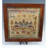 A Victorian sampler depicting Solomon's Temple, being the work of Bridget Morpeth, aged 12, 1861, in