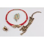 A group of costume jewellery including a Trifari floral brooch, with turquoise coloured berries,