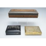 An Indian carved and bone inlaid wooden jewellery box, together with a Indian gilt metal box and