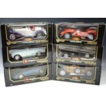 Six boxed Burago 1/18 scale die-cast model cars including an Alfa Romeo 2300 Spider 1932, Ferrari