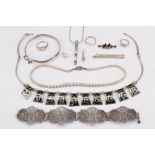 A selection of silver jewellery, comprising filigree bracelet, a Mexican necklace, a silver waney
