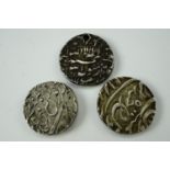 Three various Islamic / Moghul white metal coins, approx 28 mm