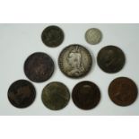 An 1889 Queen Victoria silver crown together with sundry other coins
