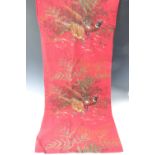 Two pairs of curtains, printed with pheasants on a red background, unlined, 211 cm high x 116 cm