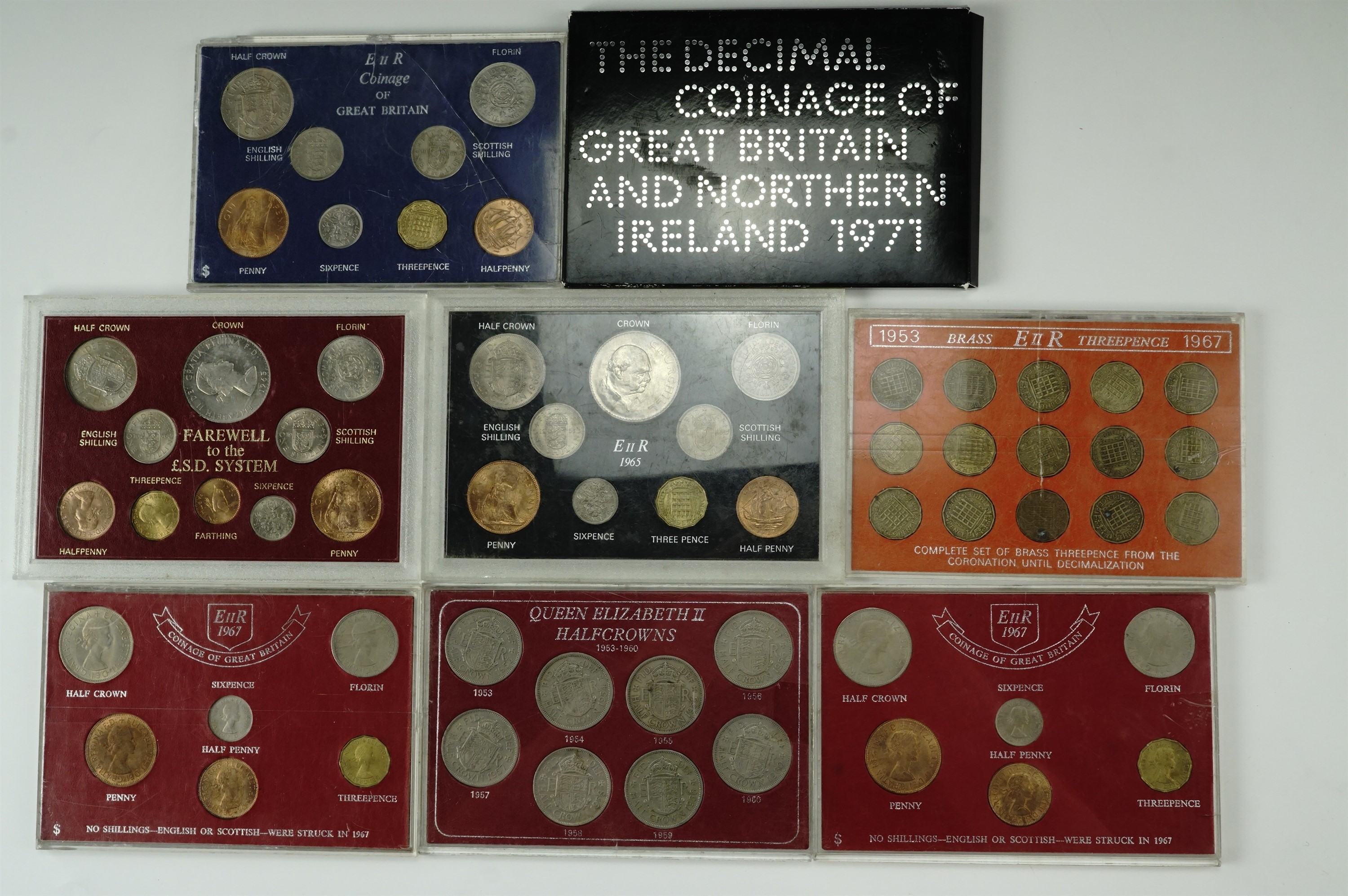 Cased coin sets including "EII R 1965", "Farewell to the £.S.D system", "QEII half crowns 1953-1960"