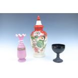 An opaline Veritable black glass goblet together with a Victorian trail decorated glass vase and a