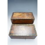 Two Victorian brass inlaid, rosewood and walnut writing boxes, 50 x 26 x 18 cm (a/f)
