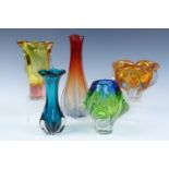 Five studio glass vases, tallest 30 cm