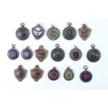[ Bicycle ] Five various enamelled silver / white metal cycle club prize watch chain fob medallions,