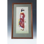 A Japanese painting on silk of a Geisha, 20th Century, 31 x 55 cm