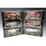Six boxed Burago 1/18 scale die-cast model cars including a Ferrari 250 GTO 1962, Jaguar E-Cabriolet