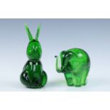 A Wedgwood glass elephant paperweight together with a similar glass rabbit paperweight, tallest 15